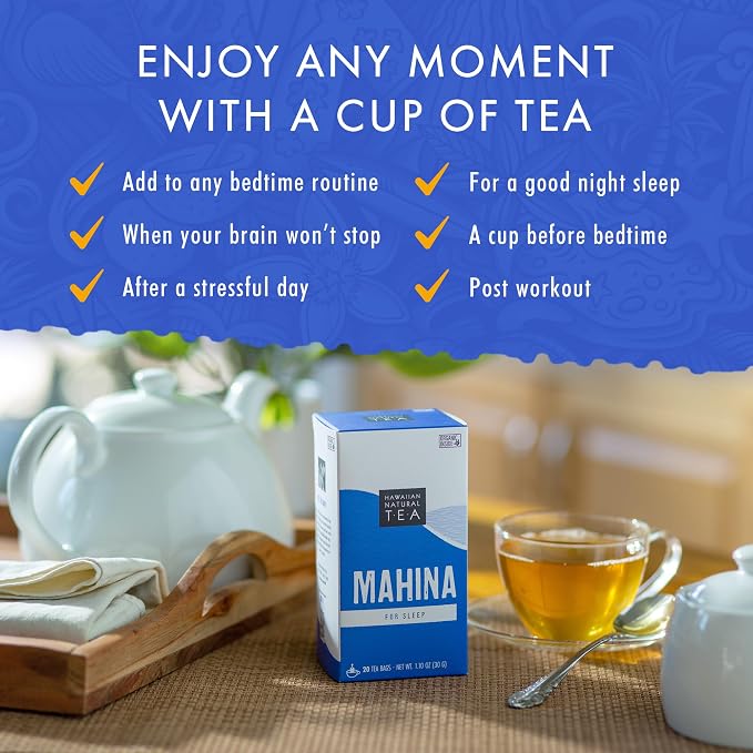 Hawaiian Natural Tea Organic Mahina Chamomile Tea with Passionflower & Valerian Root - Caffeine Free, Herbal, Antioxidant-Rich, For Calming, Wellness, Bedtime, Anxiety & Stress - 60 Bags