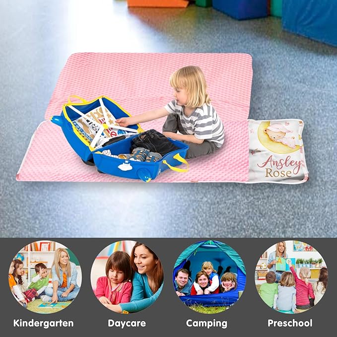 Personalized Toddler Nap Mat for Girls – Custom Name Kids Nap Mat – Daycare Sleeping Mats with Removable Pillow and Soft Minky Dot Blanket for Preschool, Travel, Kindergarten