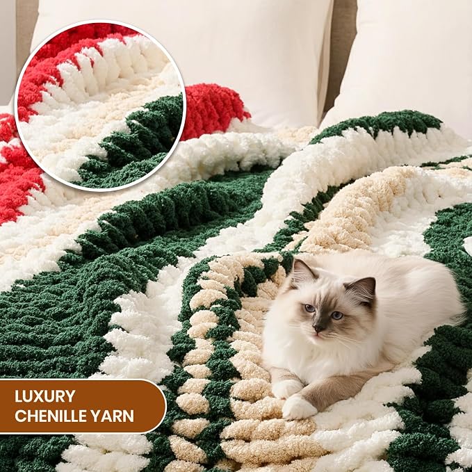 L'AGRATY Chunky Knit Throw Blanket for Couch, 50 x 60 Inches, Red Green | Handmade Chenille Crochet Blanket for Sofa Bed, Thick Cable Knitted Blankets for Room Home Decor, Birthday Gift for Women Mom