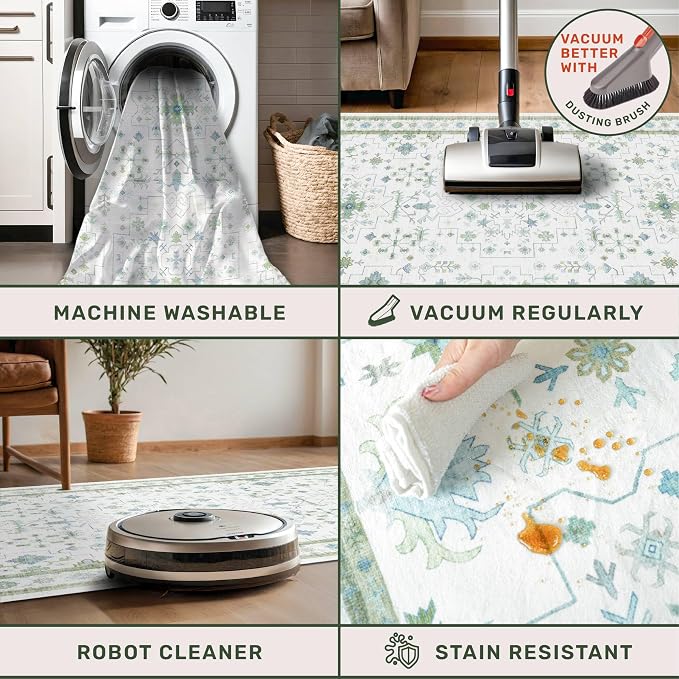 Blue and Green Washable Rugs 3x4 - Vintage Boho Floral Pastel Cream, Washable Low Pile Non Slip Small Throw Accent Area Rug for Bathroom, Door Mat Indoor Entrance, Kitchen, Bedroom Beside Bed Decor