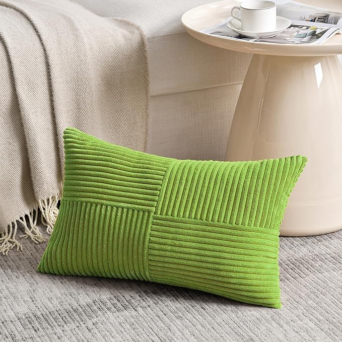 Fancy Homi Set of 2 Lime Green Long Lumbar Decorative Throw Pillow Covers 16x24 Inch for Couch Bed Sofa, Modern Farmhouse Boho Home Decor, Soft Striped Corduroy Rectangle Accent Cushion Case 40x60 cm