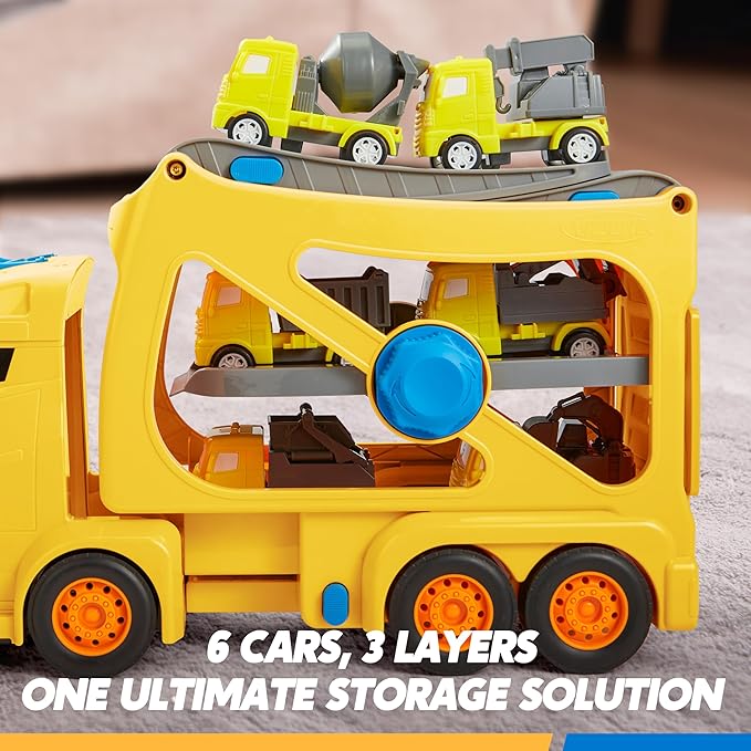 Vroomix Extra Large Toy Trucks for Toddlers, 3-Layer Construction Trucks for Boys, 7-in-1 Big Carrier Truck with Siren & Lights and 6 Toy Cars, Christmas Birthday Gifts for Boys Kids