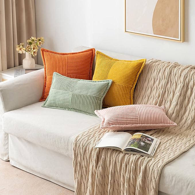 MIULEE Decorative Throw Pillow Covers for Couch 20x20 Inch Mustard Yellow | Boho Broadside Striped Patchwork Pillow Covers, Soft Corduroy Cushion Cases, For Sofa Bed Livingroom Home Decor