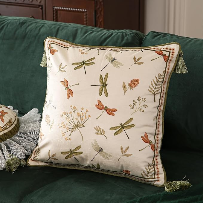 Designer Velvet Throw Pillow Covers,18"x18" Set of 2-Grace B | Pillow Cover,Concealed Zipper Design,Dragonfly Pattern,Sofas,Bedroom,Living Room,Lounge Chairs,All Season Home Decor