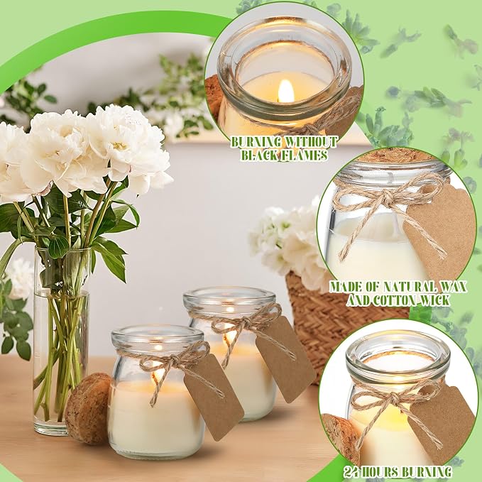 MTLEE 24 Pcs Wedding Jar Candles for Guests Wedding Candle Gift Natural Wax Candles with DIY Tag Cards for Bridesmaid Baby Shower Party Favors Home Supply Decor, Scents of Vanilla/Lilac/Jasmine