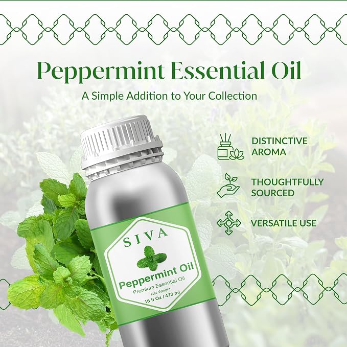 Siva Peppermint Essential Oil 16 Fl Oz – for Diffuser, Skin & Hair Care – Ideal for Aroma, Massage & DIY Blends- with Dropper