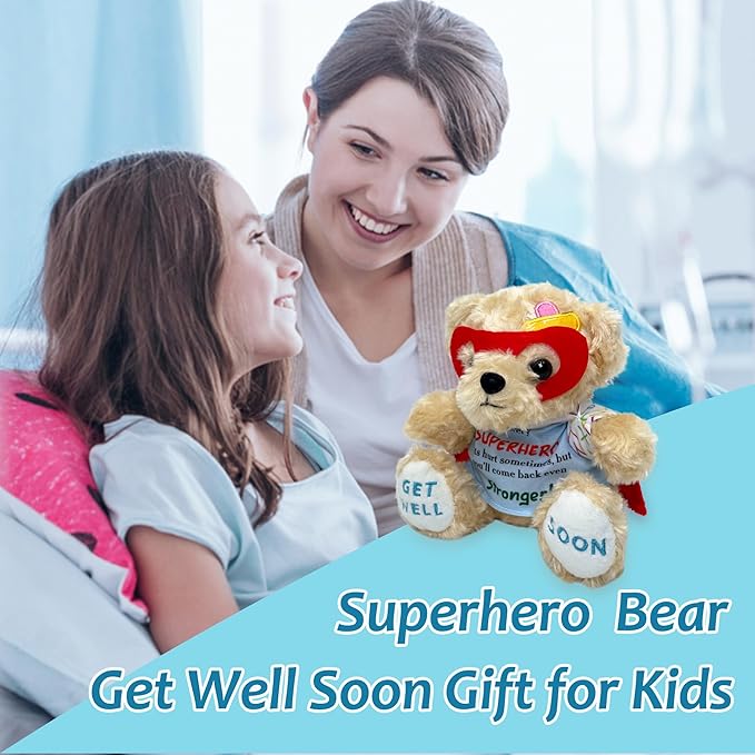 Get Well Soon Bear Stuffed Animal Toy - Broken Arm Leg Get Well Soon Gifts for Kids After Surgery or Recovery, 8 Inch Superhero Get Well Bear Plush Comforting Companions