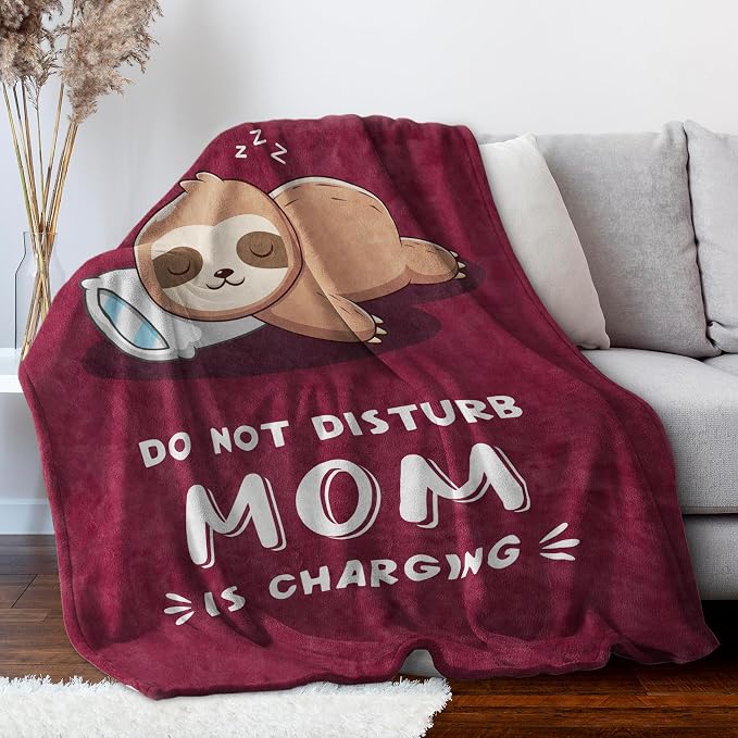 Leebbsin Funny Gifts for Mom, Birthday Gifts for Mom from Daughter Son | Mom is Charging Sloth Blanket, 60" x 80", Burgundy, Mom Gift for Christmas Mothers Day, Soft Sloth Throws Blanket for Mother