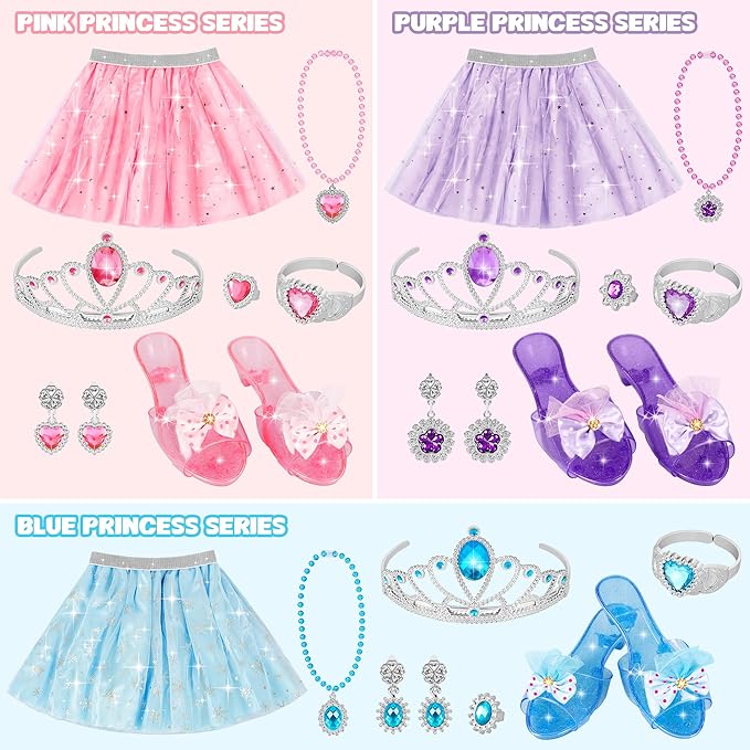 Princess Dress Up Toys & Jewelry Boutique, Costumes Set incl Color Skirts, Shoes, Crowns, Accessories, Girls Role Play Gift for 3 4 5 6 Year Old Girl Toddler B-Day Party Favors