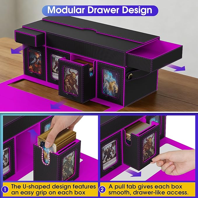 Cortile Commander Deck Box for MTG, 10 IN 1 Card Deck Box with 8-Deck Modular Card Case and 2 Dice Trays Holds 1040+ Double-sleeved Cards, Removable MTG Deck Box with Handle for TCG/EDH, Black Purple