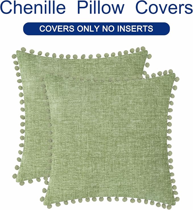 CaliTime Decorative Couch Throw Pillow Covers 22 X 22 Inches Sage | Pack of 2, Cozy Chenille Cushion Cases, with Pom Poms for Sofa Bed Living Room Farmhouse Home