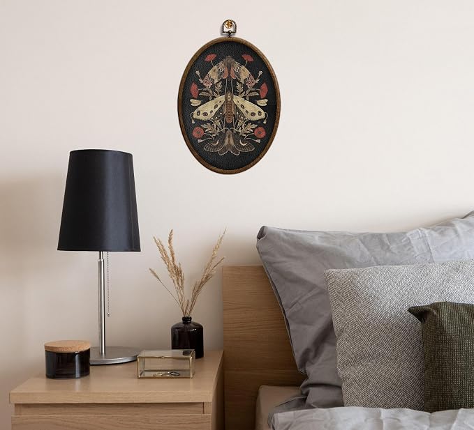 Moths and Poppy Flower Wall Decor, Boho Printed Canvas Oval Wall Hanging for Bedroom Kitchen Home Office, Oval Door Decoration, Bedroom Decor, Living Room Art, Hanging Decoration Art with Hooks,1