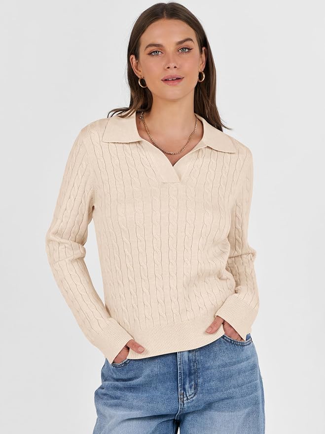 ANRABESS Womens Cable Knit Sweaters Long Sleeve V Neck | Pullover Collared Sweater Tops, Polo Knit Shirts, Business Casual Work, Tennis Golf, Fall Winter Fashion Outfits