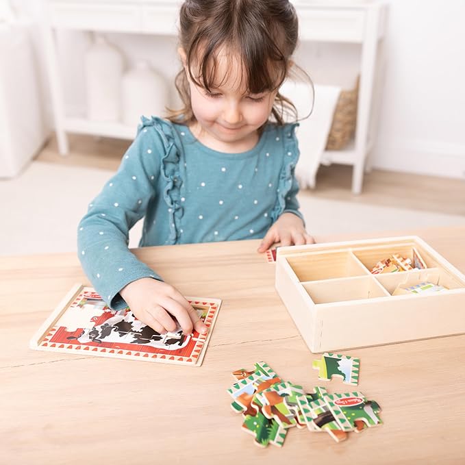 Melissa & Doug 4‑in‑1 Wooden Farm Jigsaw Puzzle Set, 48 Pieces with Storage Box, Toddler Puzzle Toy for Kids Ages 3+