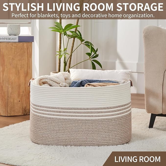 DOFASAYI Laundry Hamper with Handles, 72L Rope Laundry Basket, Light Brown | Cotton rope clothes hamper with leather handles holds blankets, pillows, toys and laundry in nursery, bedroom or living room