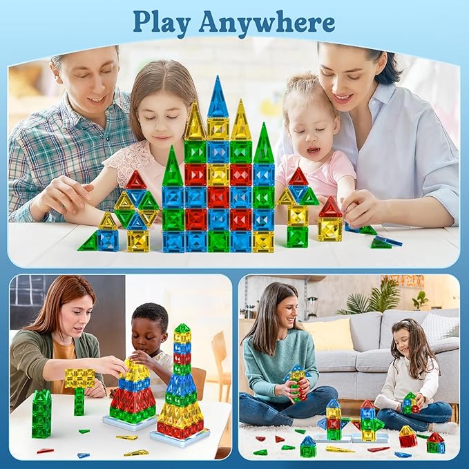 60pcs Mini Magnetic Tiles for Kids Ages 3-8,Travel Magnetic Building Blocks with Metal Storage Box, STEM Educational Toys, Montessori Sensory Learning Toys for Toddlers, Boys & Girls Gift