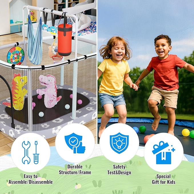 LAMERGE 55" 7-in-1 Round Trampoline for Kids Boys & Girls Ages 1-8, Indoor & Outdoor Trampoline for Fun, Adjustable Height Handrail ＆ Enclosed Safety Net ＆ Durable Designs for Toddlers Children