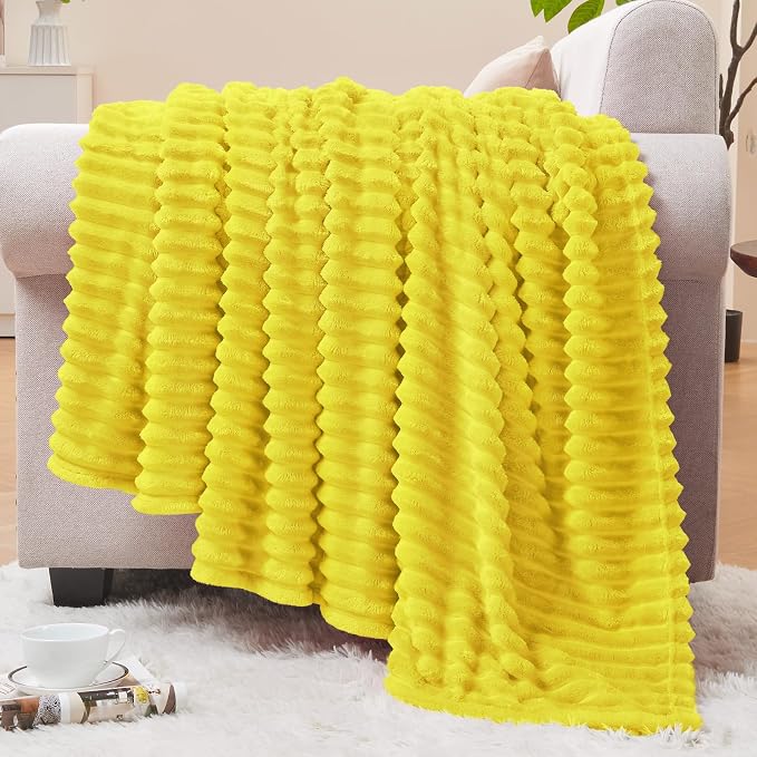 BEDELITE 3D Ribbed Jacquard Yellow Fleece Twin Blanket for Bed, 60x80 Inch | Soft Warm Decorative Fluffy Blanket, Cozy Plush Lightweight Fuzzy Throw Blanket for Couch Sofa Room Decor, Gift for Women