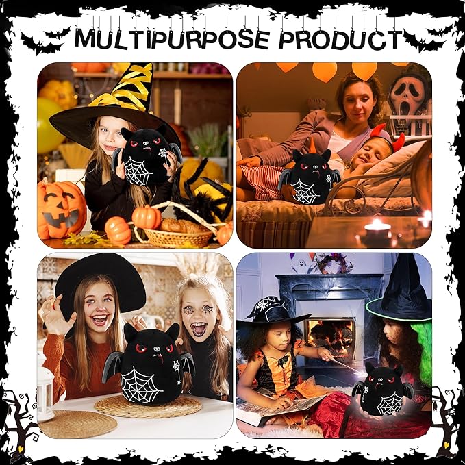 Halloween Stuffed Animal Plush Toy - 8 Inch Spider Web Black Bat Plush Pillow Soft, Cute Stuff Animals Plushies Toys Gifts for Kids Girls Boys, Halloween Birthday Party Decorations