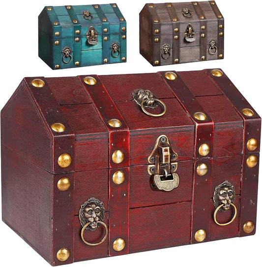 Large Vintage Wooden Treasure Chest Antique Box with Metal Lock | Wood Jewelry Box Storage Decorative Boxes Handmade Rectangle Organizer for Women Ring Necklace Earring Coins Collectibles