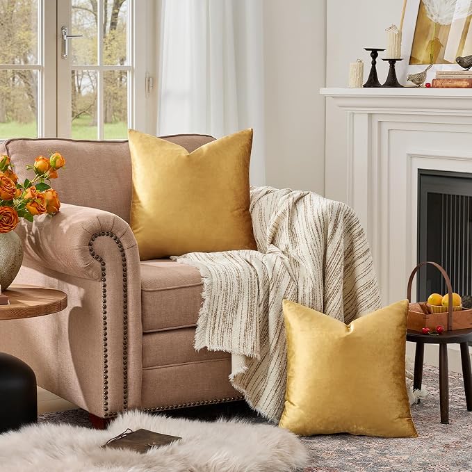 GIGIZAZA Golden Velvet Pillow Covers 26x26 Decorative Pillows Pack of 2 | Throw Pillows for Couch,Euro Sham,280gsm Soft Textured Fabric,Modern Square Pillowcases,Luxury Cushion Covers