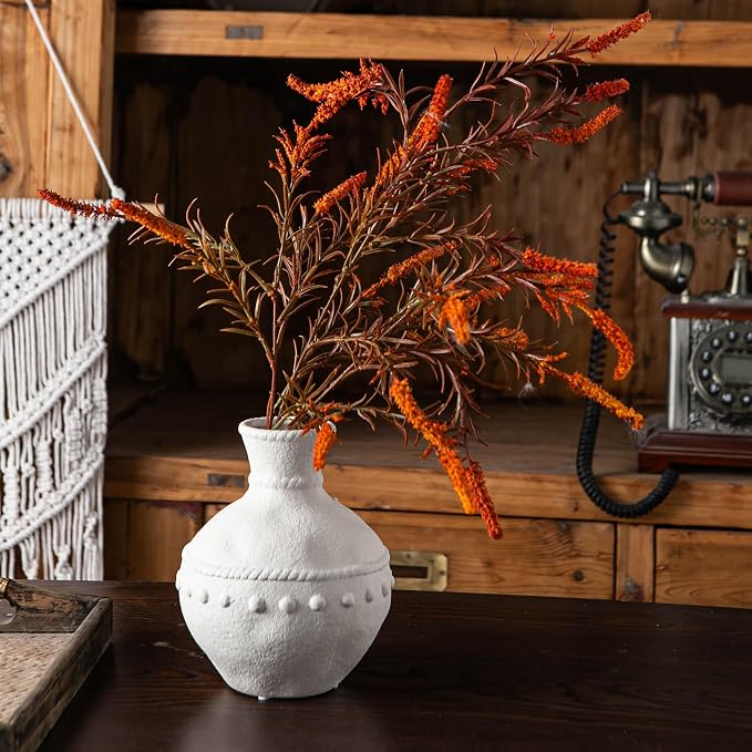 Mowtanco Rustic Ceramic Vase with Boho Wooden Beads, Matte Decorative Pottery for Modern Farmhouse and Bohemian Decor, Floral Arrangements, Living Room, Dining Table Centerpieces