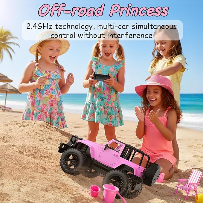 DOUBLE E Jeep Licensed 1:14 Scale Pink Remote Control Car for Girls with 2*DIY Stickers, Open-top Design RC Jeep, 80Min Play 2.4Ghz Off Road RC Trucks with LED Lights, Birthday/Xmas Gifts for Girls 6+