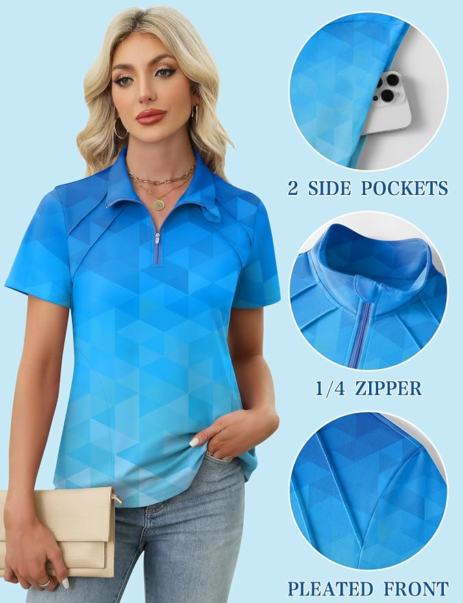 LOMON Womens Golf Polo Shirt Summer Short Sleeve Quarter Zip Outfit | Side-Pockets,Princess Seams,Cotton,Wrinkle Free,Moisture Wicking,Quick-Dry,Lightweight,Collared,for Tennis Workout
