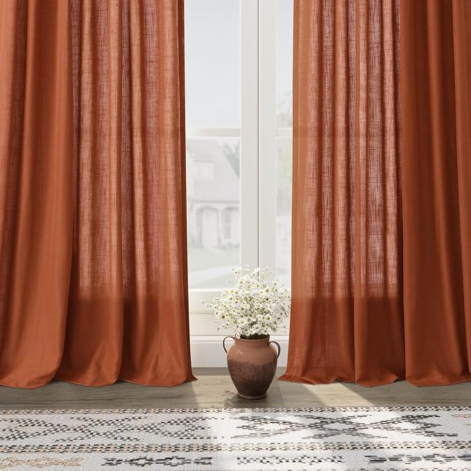 Nanspring Extra Wide Terracotta Curtains for Living Room 102 Inches Long Back Tab and Rod Pocket Linen Semi Sheer Farmhouse Boho Floor to Ceiling Curtain for Bedroom Office Luxury 100x102, 2 Panels