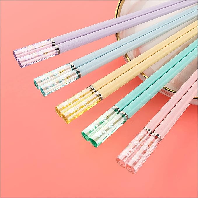5 Pairs Amber Cherry Blossom Pattern Decoration Multicolor Fiberglass Chopsticks Japanese Korean Chopsticks Reusable Dishwasher Safe Yellow Pink Blue Green Purple