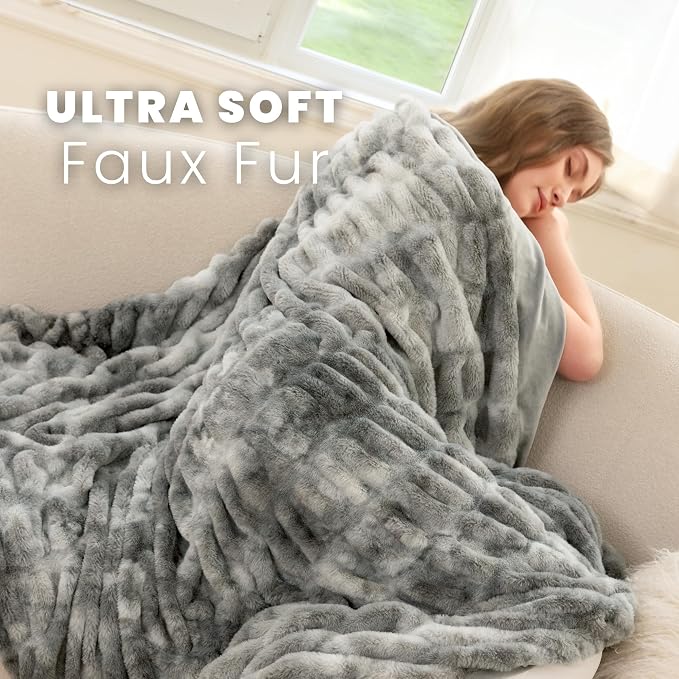 Ultra Soft Cozy Faux Fur Throw Blanket, Fuzzy Plush Thick Bubble Blanket, Luxury Fluffy Blanket for Couch, Sofa, Bedroom, and Living Room, 50x60 Inches,Tie-Dye Gray