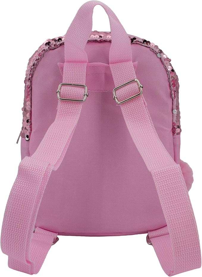 AI ACCESSORY INNOVATIONS Barbie 9” Micro Mini Backpack Purse Featuring a 3D Heat Logo Patch, Sequins & Glitter PU, & Pompom Dangle, Pink