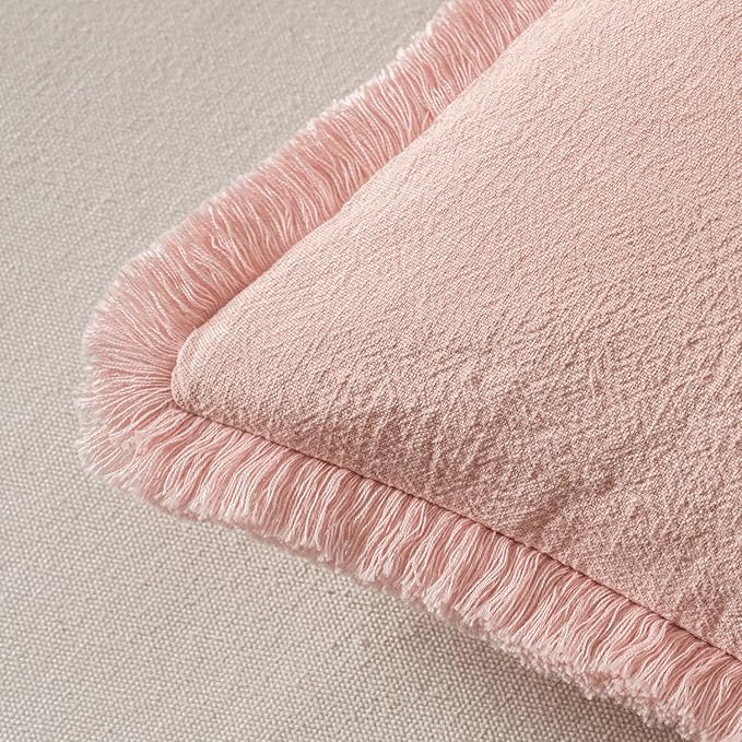 MIULEE Boho Linen Fringe Decorative Throw Pillow Covers Pink 18x18 | Set of 2, Cottagecore Decor, Boho Farmhouse Neutral Pillow Covers, Rustic Couch Cushion Cases for Sofa Bed Living Room