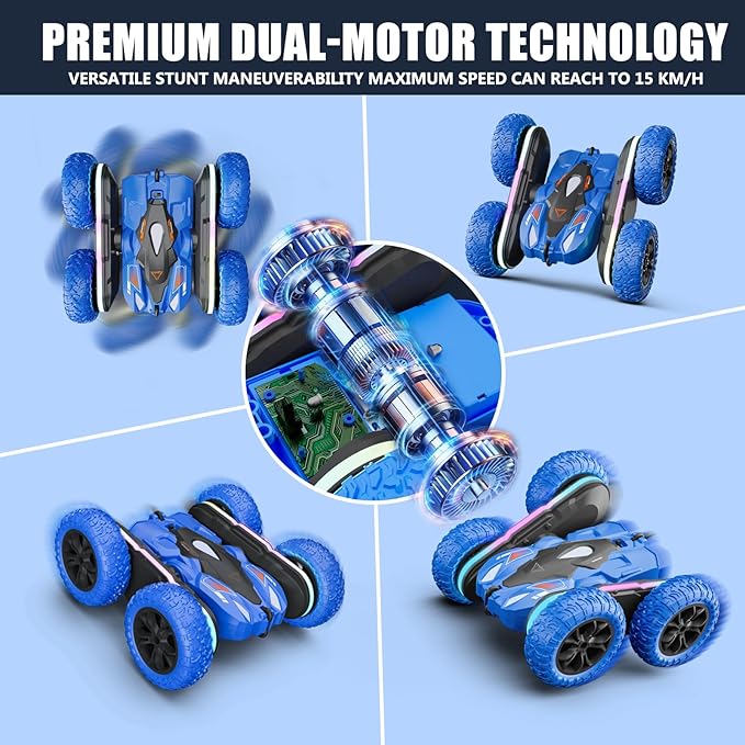 Remote Control Car for Kids, 2.4GHz 4WD Stunt RC Car with Double-Sided 360° Flips, Rechargeable LED Light Off-Road Toy Car for Boys Girls Ages 6-12