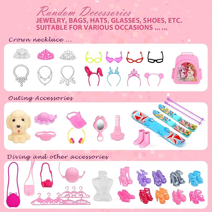 Doll Closet Clothes and Accessories - 135Pcs with Dolls Storage Organizer Wardrobe Sets, Princess Fashion Pack Playset Including Wedding Gowns/Dresses/Shoes/Outfit, Birthday Girls Gifts Age 345678