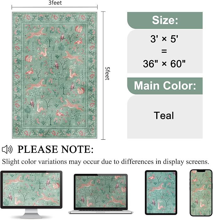 DUKINO 3x5 Rug, Washable Animal Area Rug for Bedroom Non Slip, Teal | Low Pile, Stain Resistant, Soft Indoor Carpet for Living Room, Kitchen, Dining Room, Nursery, Lightweight, Pet Friendly