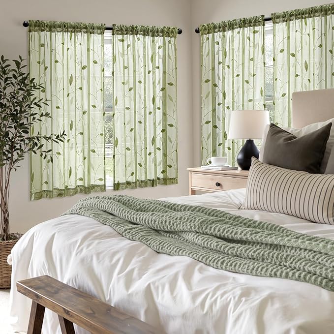 MIULEE Sage Green Sheer Curtains 2 Panels Embroidered Leaf Patterned Rod Pocket Floral Semi Sheer Faux Linen Short Window Curtains Drapes Set for Kitchen Living Room Bedroom, 52x45 Inches Length