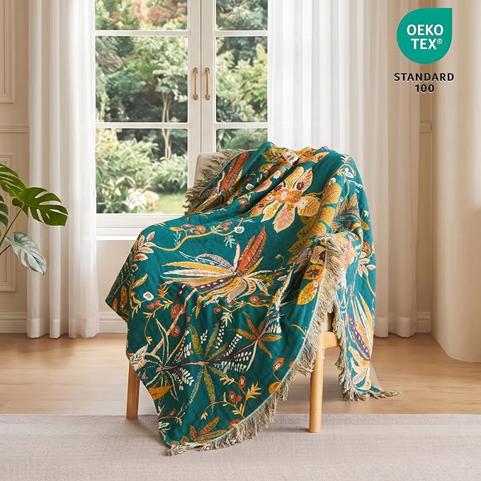 MSGKV Boho Throw Blanket 60"x80" 100% Cotton Floral Muslin Blanket for Sofa | 100% Cotton Muslin, Twin Size Throw Blanket, Floral Home Accent, Soft & Breathable, Lightweight Comfort, Machine Washable