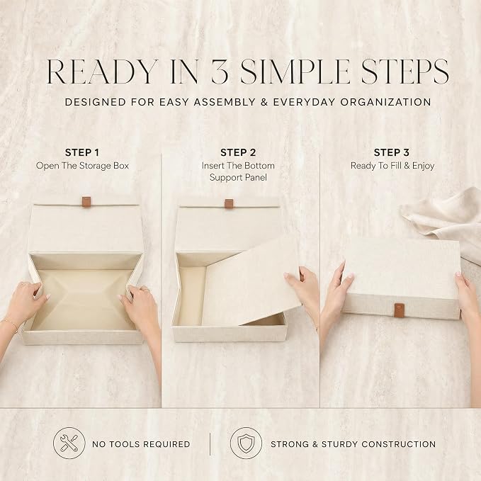 Decorative Photo Storage Boxes with Lids - Set of 2 Beautiful Linen Organizers Are Perfect to Safely Store Your Pictures, Documents, Scrapbooking Supplies, Keepsakes and Other Memories in Style