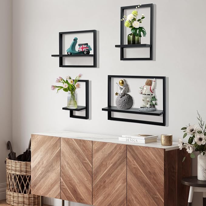 Floating Shelves for Wall,Decorative Wall Shelves Black,Plants Shelf Framed | Square Wall Decor,Art Sconces Artificial Vases Hanging Storage Shelf for Bathroom Living Room Elegant,Wood,Set of 4