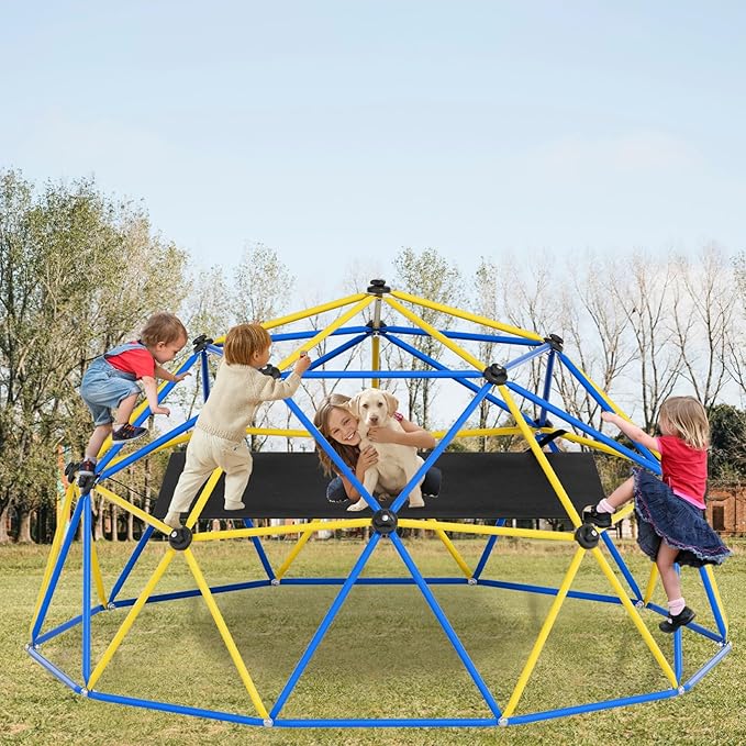 Climbing Dome,10FT Dome Climber with Hammock, Outdoor Play Equipment for 3 to 10 Children, Supports Jungle Gym up to 1,000 lbs, Rust Resistant, Easy to Assemble, Gift for Kids, Blue+Yellow