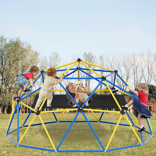 Climbing Dome,10FT Dome Climber with Hammock, Outdoor Play Equipment for 3 to 10 Children, Supports Jungle Gym up to 1,000 lbs, Rust Resistant, Easy to Assemble, Gift for Kids, Blue+Yellow