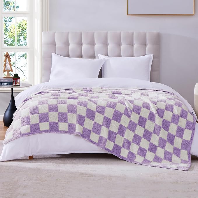 Soft Checkered Throw Blanket for Couch-Cozy Warm Knitted Blankets | Lightweight Warm Fluffy Decor for Women, Mom, Her & Girls, Sofa, Chair, Bed, 50x70in, Purple