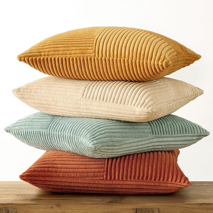 MIULEE Fall Teal-Orange Decorative Throw Pillow Covers 24x24 Inch Set of 4 Boho Corduroy Striped Cushion Cases Modern Farmhouse Patchwork Pillow Cases for Couch Sofa Bedroom Home Decor