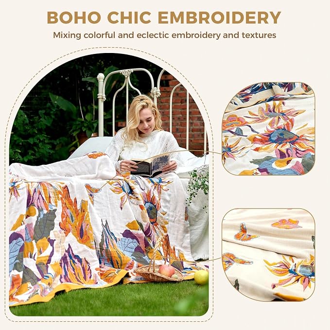 LUTBM King Throw Blanket for Bed -100% Cotton Soft Boho Summer Blankets | 90"x108" Reversible Floral Butterfly Bedspread, All-Season, For Chair Sofa Couch Bedroom Decor, Lightweight Breathable Quilt