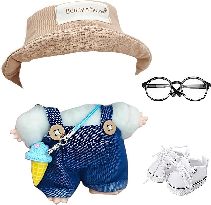 Designer Clothes for Doll, 17cm Labooboo Dolls Demin Overalls Clothes, Cute Doll Outfit Accessories with Denim Overall, Ice Cream, Glasses, Shoes and Straw Hat, NZ001