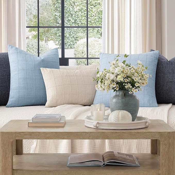 Foindtower Set of 2 Decorative Linen Check Throw Pillow Covers Neutral Farmhouse Vintage Cushion Covers Cozy Modern Boho Accent Home Decor for Sofa Chair Couch Bedroom Living Room,14×36 Inch,Sky Blue
