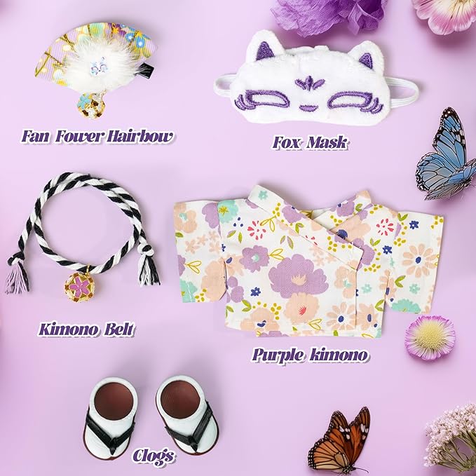 17cm Doll Clothes,Outfit Accessories Kimono Set for 6.7inch Dolls Girls, Kawaii Chic Designer Style Flower Hairbow+Purple Clothing+Cute Halloween Mask+Shoes(NO Doll)