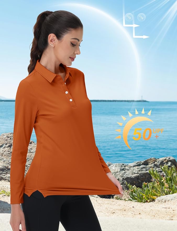 MAGCOMSEN Long Sleeve Polo Shirts for Women Golf Tops with Collar Work | UPF 50+ Sun Protection, 4 Buttons, Moisture Wicking, Breathable, 4-Way Stretch, Collared, Quick Dry, Active, Casual, Tennis