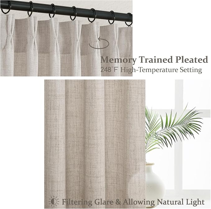 PleatedDrapes Linen Sheer Tall Windows Curtains 100 Inches Long for Living Room, Memory Trained Pinch Pleated Light Filtering Greyish Brown Modern Drapes for Patio Sliding Glass Door W40xL100 2 Panels